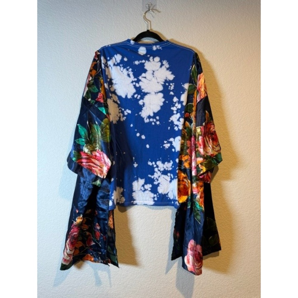 AC/DC Custom Tie Dye Upcycled Top with Floral Satin Kimono Sleeves Blue O/S - Picture 5 of 6